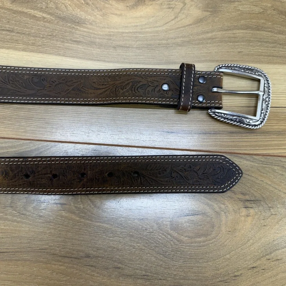 Ariat Tooled Mens Belt Size 38 Brown Leather Western Ranch Rodeo